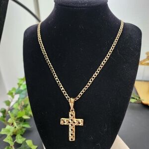 Beautiful Gold Cross Pendant with 22" Gold Cuban Link Chain Set
